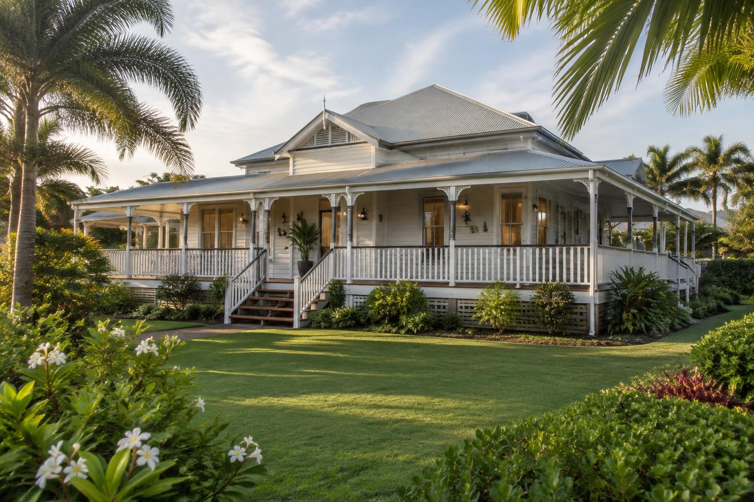 Imagined Queenslander home with a wide veranda and established garden
